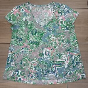 Lilly Pulitzer Etta Women’s Large Short Sleep V Neck T Shirt Palm Beach Pattern
